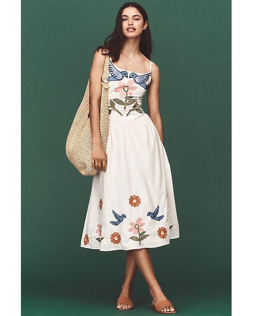 Corey Lynn Calter Green Calista Embroidered Basque-Waist Midi Dress