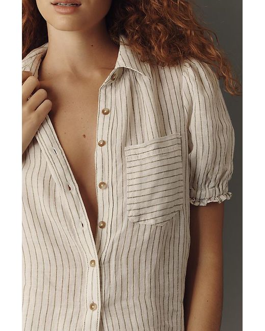 Pilcro Brown The Aly 100% European Linen Puff-Sleeve Blouse