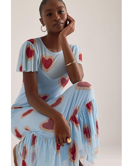 Never Fully Dressed Blue Katie Heart Print Mesh Maxi Dress