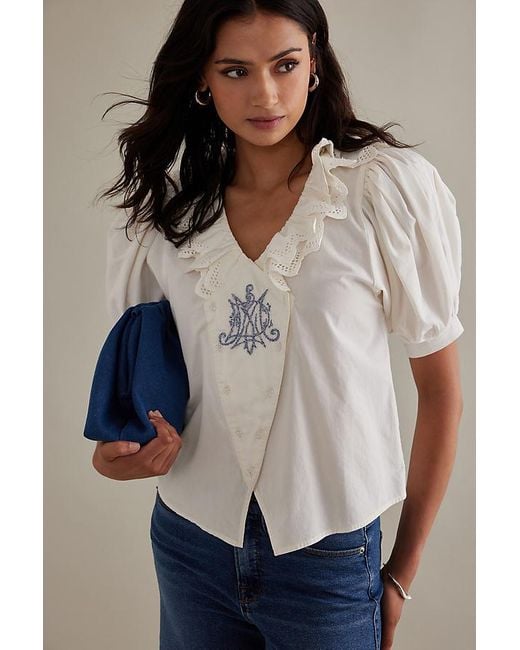 Damson Madder Lottie Puff Sleeve Ruffled Organic Cotton Blouse in 