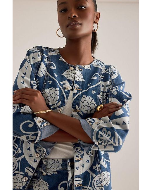 Never Fully Dressed Blue Amara Collarless Printed Denim Jacket