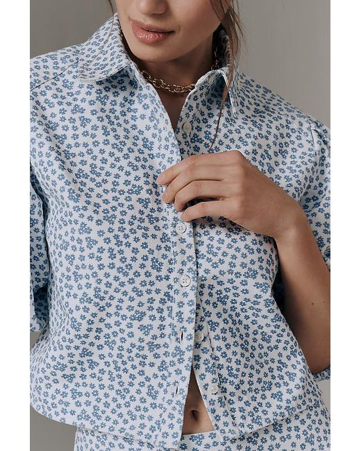 Maeve Gray Bubble-Sleeve Buttondown Top