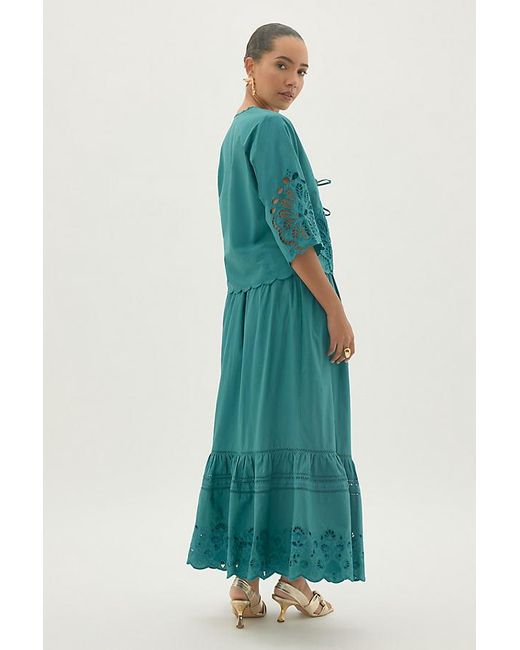 By Anthropologie Blue Tiered Cutwork Maxi Skirt