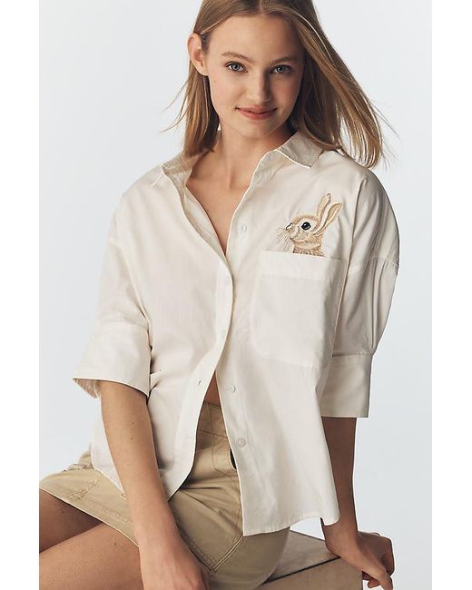 Maeve Natural The Mabel Embroidered Pocket Oxford Shirt By
