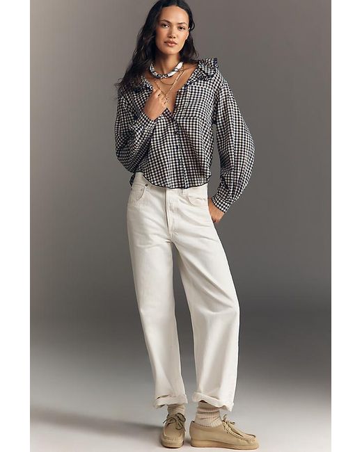 Pilcro Gray Blouson-Sleeve Ruffle Collar Buttondown Shirt