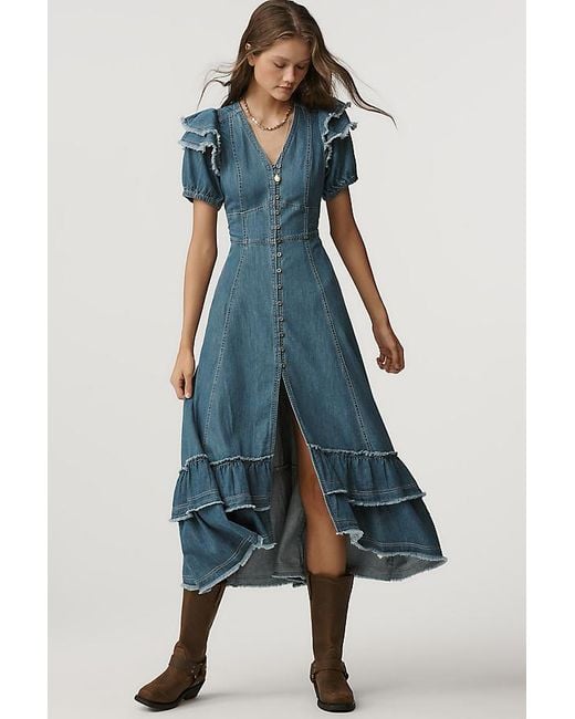 Pilcro Blue Short-Sleeve Ruffled Midi Shirtdress