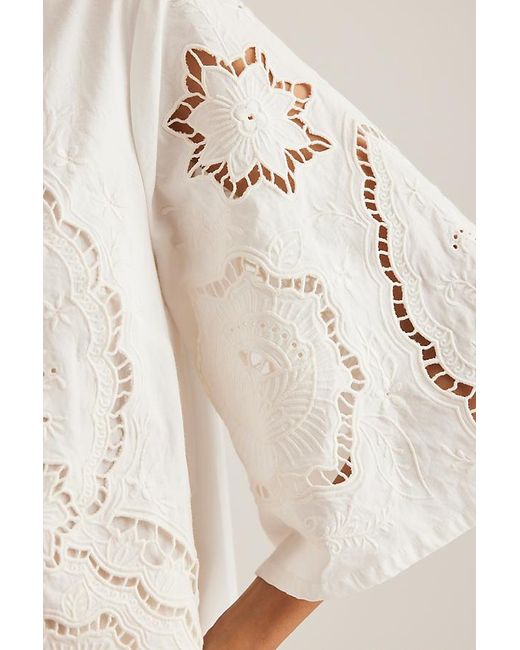 By Anthropologie Natural Cutwork Poplin Tie-Front Blouse