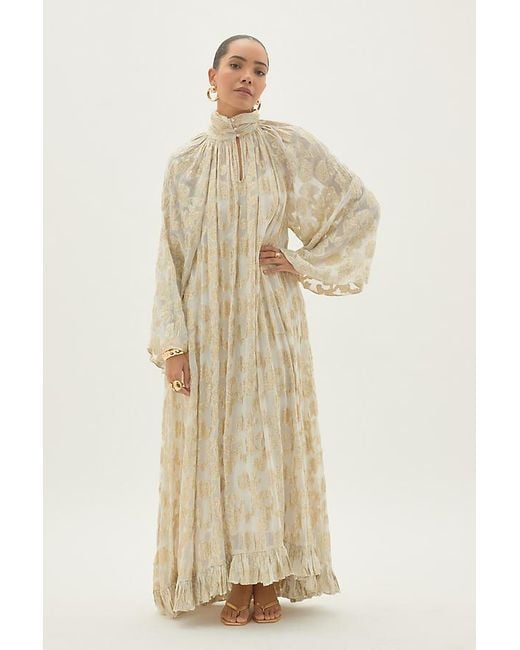 By Anthropologie Natural Jacquard High-Neck Ruffle Maxi Dress