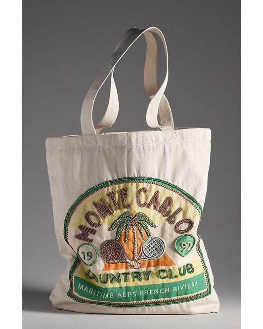 By Anthropologie Gray Graphic Beaded Canvas Tote Bag