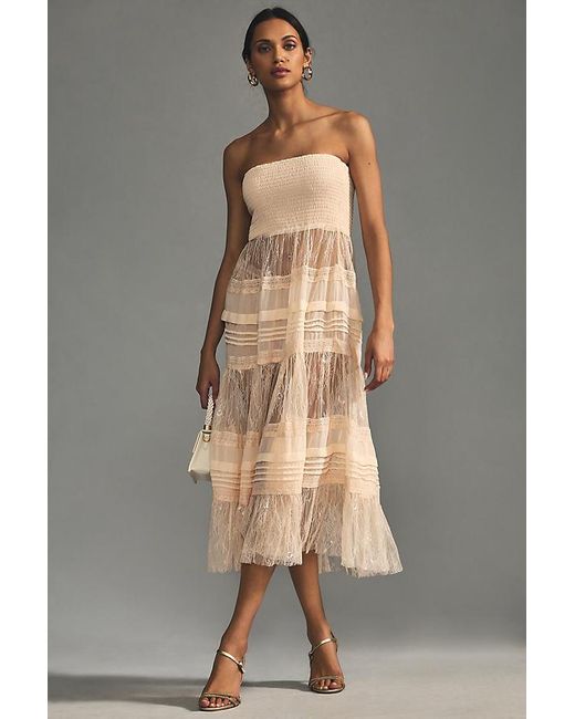 Anthropologie Natural By Strapless Smocked Sheer Lace Overlay Midi Dress
