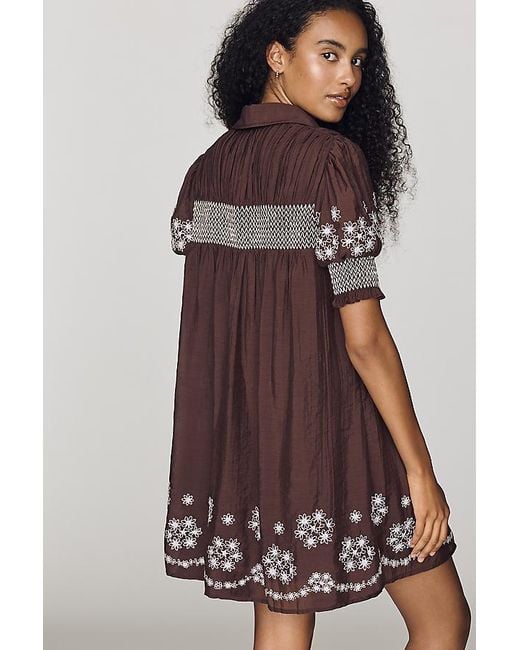By Anthropologie Brown Puff-Sleeve Mini Dress