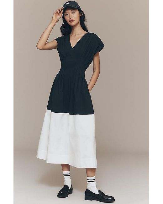 Exquise Blue Pleated Short-Sleeve Twofer Midi Dress