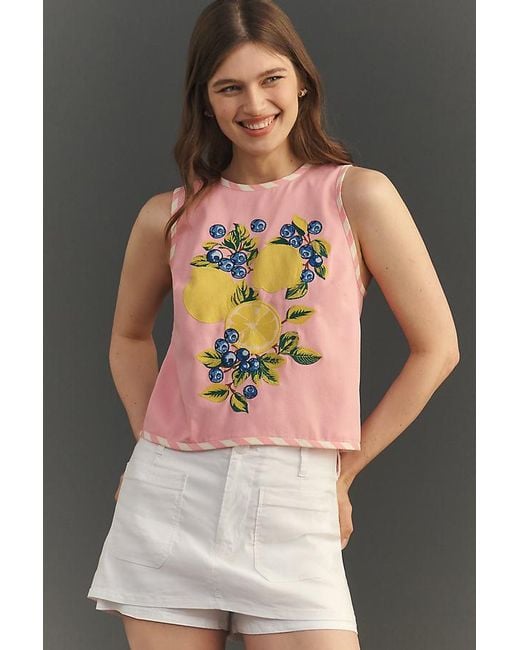 Maeve Pink Fruit Embroidered Top