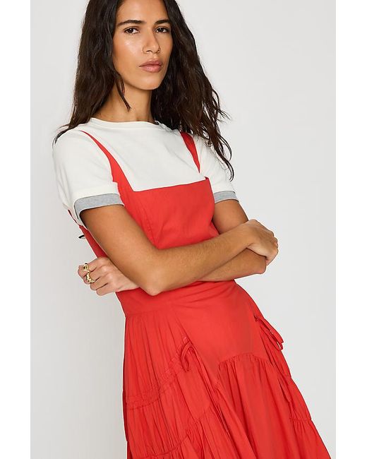 By Anthropologie Red Ruched Bow Midi Pinafore Dress