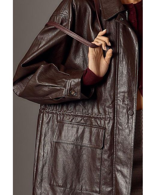 By Anthropologie Brown Cinched-Waist Faux-Leather Jacket