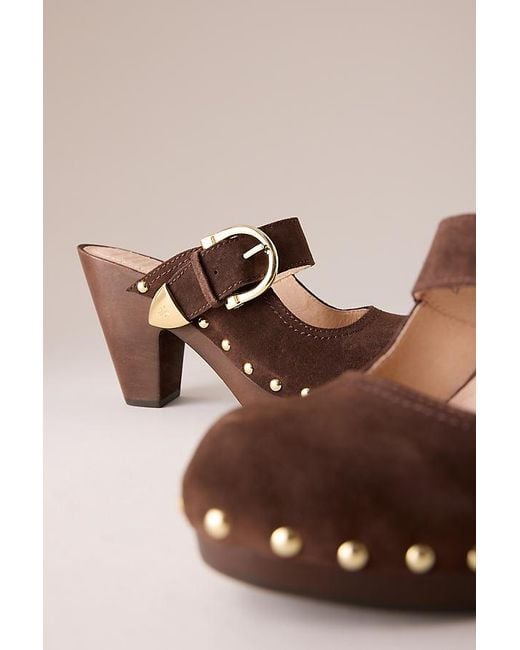 Frye Natural Cindy Buckle Suede Heeled Clogs