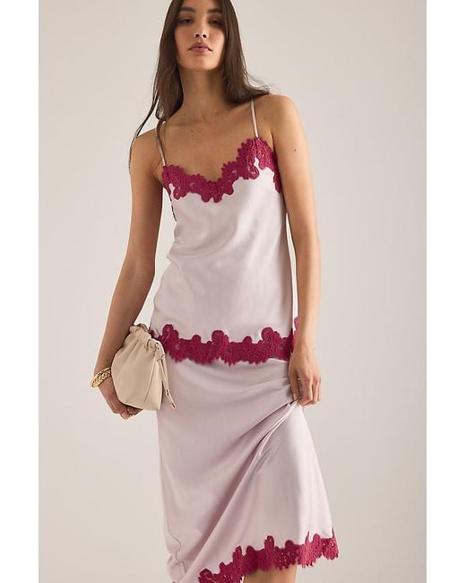 By Anthropologie Pink Lace Trim Bias Midi Slip Skirt