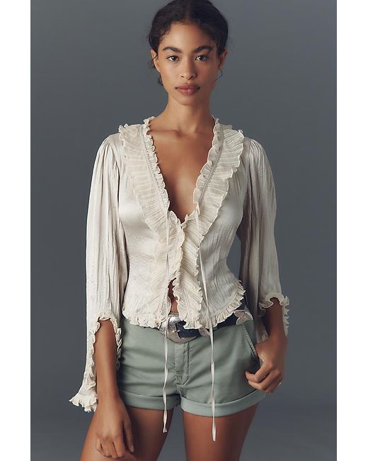 By Anthropologie Gray Long-Sleeve Ruffled Tie-Front Top