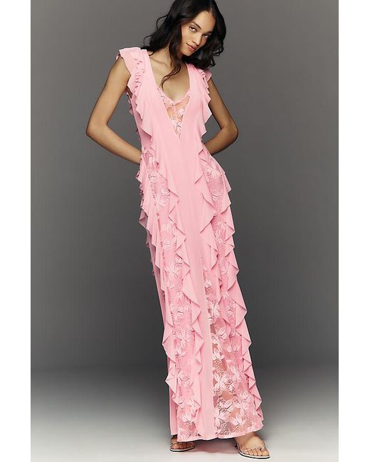 AFRM Pink Trista Ruffle-Sleeve V-Neck Maxi Dress