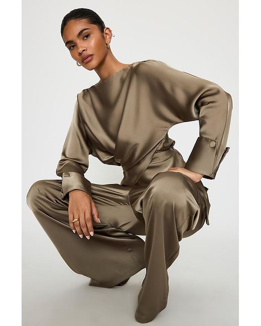 Odd Muse Brown Satin Boat-Neck Wrap Top