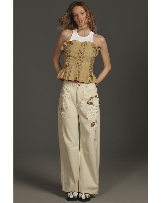 Pilcro White Bow Embroidered Cropped Tapered Trousers