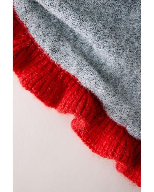 By Anthropologie Red Large Frill-Edge Knit Triangle Scarf