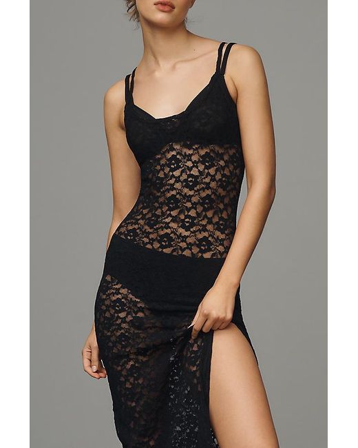 By Anthropologie Black Lace Midi Slip Dress