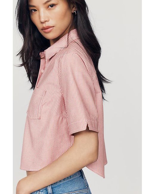 Maeve Pink Merritt Short-Sleeve Cropped Buttondown Shirt By