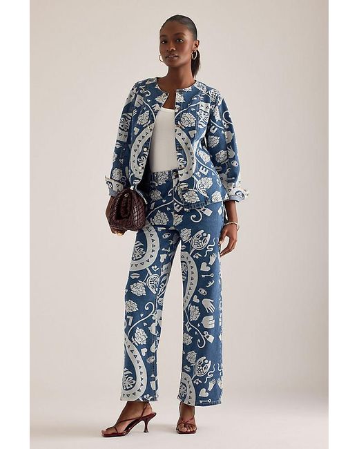 Never Fully Dressed Blue Amara Collarless Printed Denim Jacket