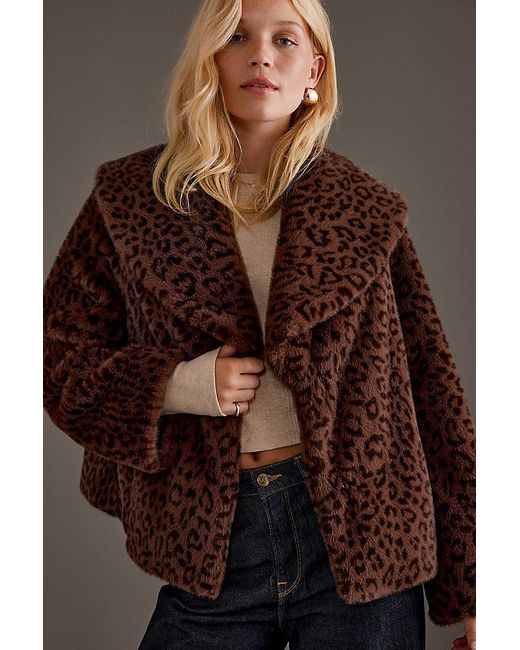 By Anthropologie Brown Leopard Print Faux Fur Coat