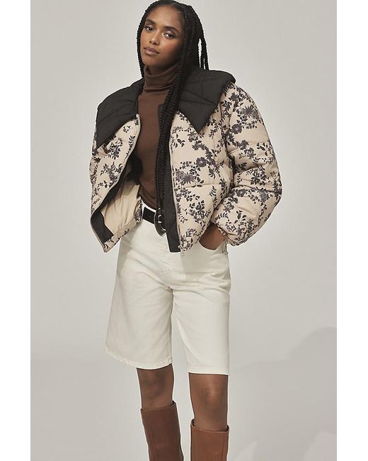 By Anthropologie Natural Peter Pan Collar Printed Puffer Jacket