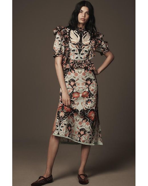 Farm Rio Brown Flowing Beauty Short-Sleeve Slim Midi Dress