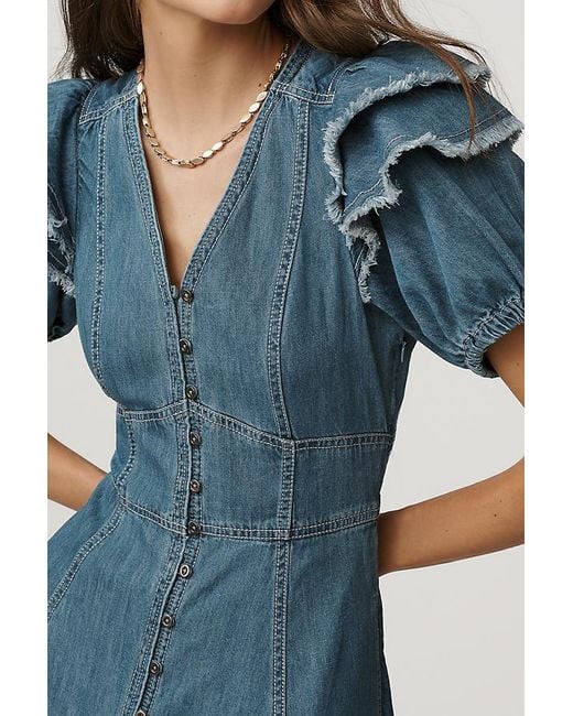 Pilcro Blue Short-Sleeve Ruffled Midi Shirtdress