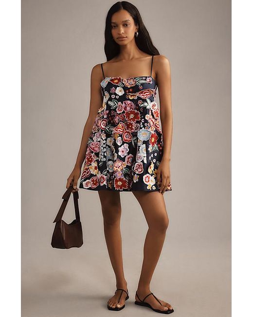 By Anthropologie Blue Sleeveless 3d Floral Babydoll Mini Dress