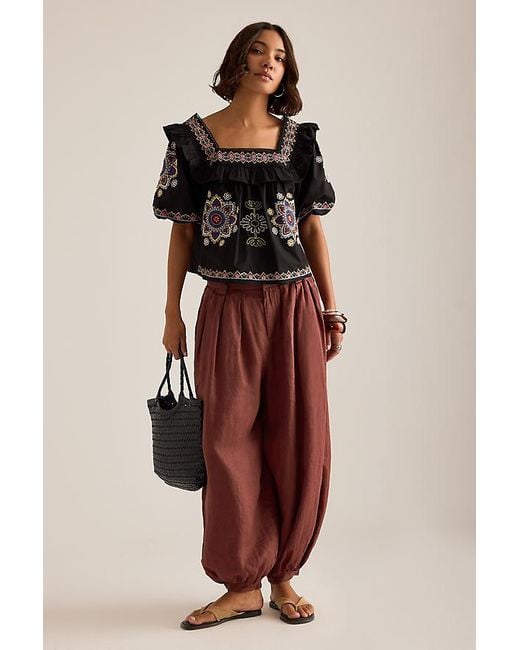 By Anthropologie Black Ruffle Puff-Sleeve Embroidered Blouse