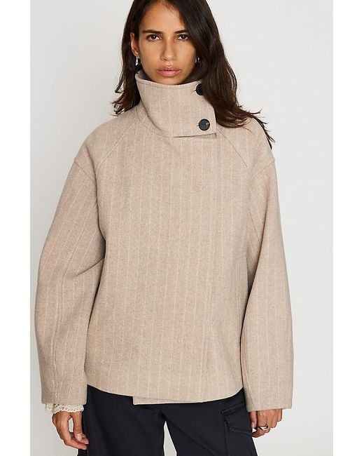 By Anthropologie Blue Funnel-Neck Stripe Wool-Blend Jacket