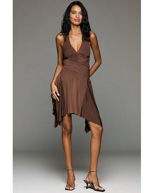 By Anthropologie Gray Knit Plunge Halter Mini Dress