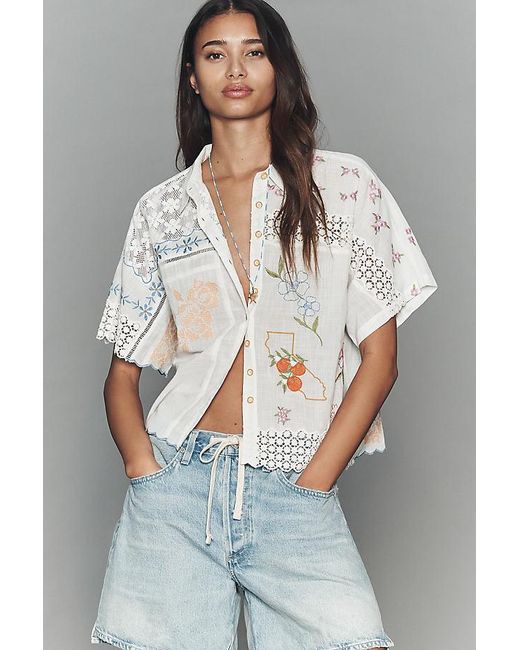 By Anthropologie Gray Cotton Embroidered Buttondown Shirt
