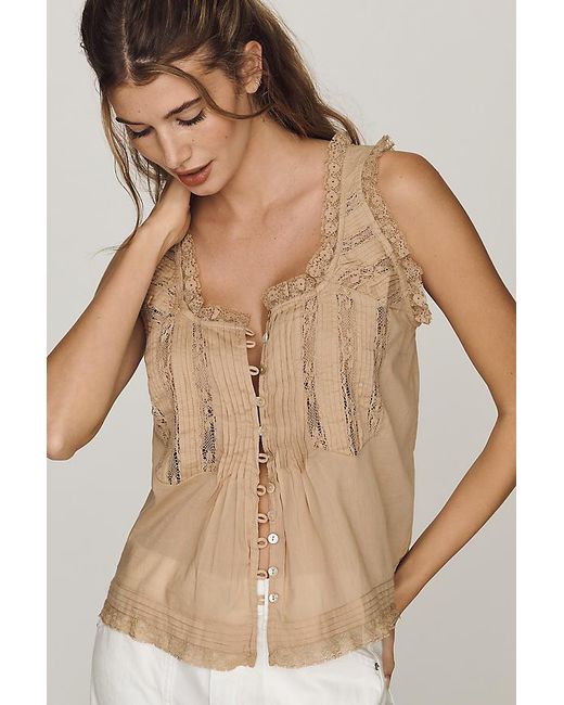 By Anthropologie Brown Button-Front Lace Tank Top