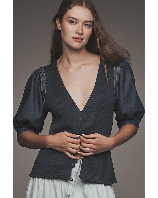 Pilcro Gray Puff-Sleeve V-Neck Cardigan
