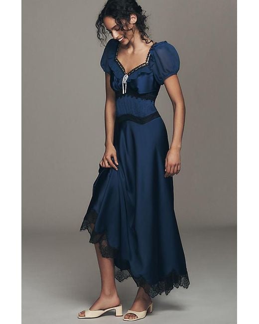 By Anthropologie Blue V-Neck Ruffle Slip Dress