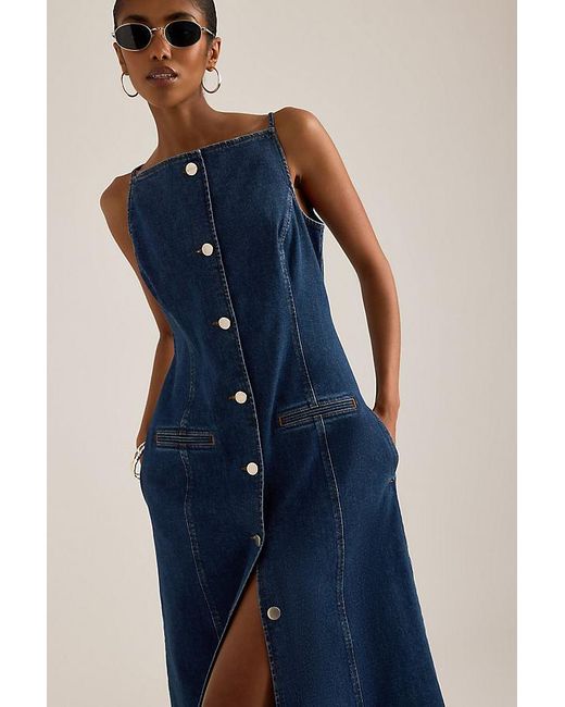 ALIGNE Blue Santigo Square-Neck Button-Front Denim Midi Dress