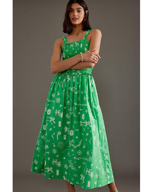 Damson Madder Green Keira Sleeveless Smocked Midi Dress