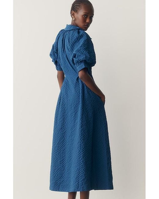 English Factory Blue Puff-Sleeve Textured Midi Shirtdress