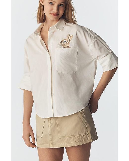 Maeve Natural The Mabel Embroidered Pocket Oxford Shirt By