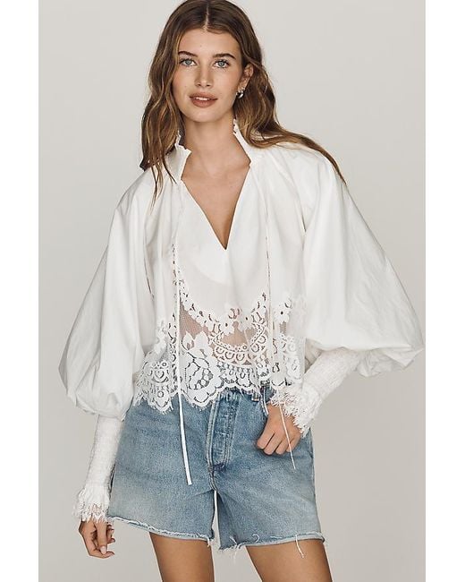 Mare Mare White Lace Inset Long-Sleeve Blouse