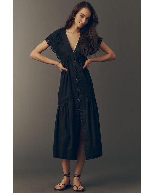 By Anthropologie Blue The Reneé Linen-Blend Button-Front Midi Dress