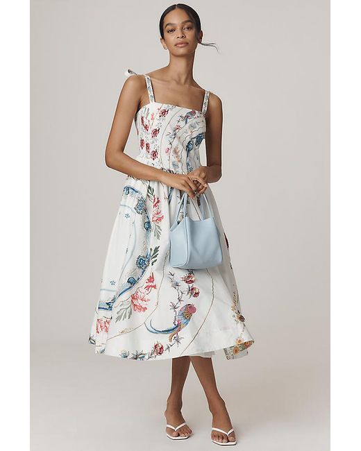 Maeve White Tie-Strap Printed Midi Dress