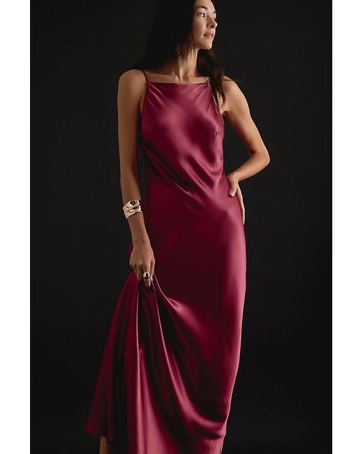 Anthropologie Halter Satin Maxi Slip Dress in Red | Lyst UK