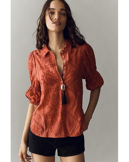 Pilcro Red Tallulah Puff Sleeve Eyelet Buttondown Top By